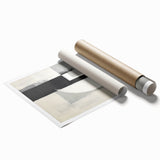 Abstract minimalist wall art print showcasing soft, muted colors and geometric shapes, elegantly rolled and packaged in a protective cardboard tube for shipping.