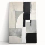 Abstract minimalist wall art on stretched canvas, featuring soft pastel colors and geometric shapes, leaning against a white wall, perfect for modern decor.