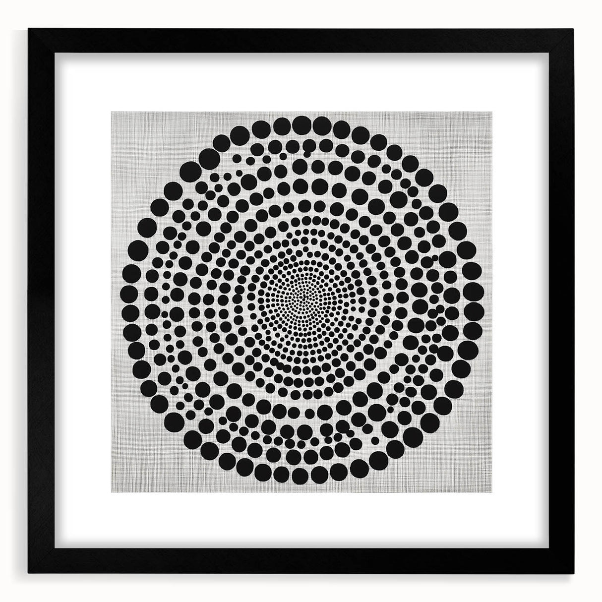 Abstract Art Prints – Hypnotic Black Dot Spiral on Textured Gray
