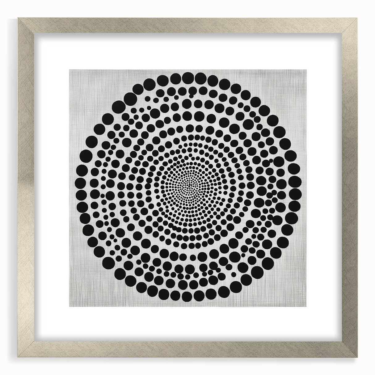 Abstract Art Prints – Hypnotic Black Dot Spiral on Textured Gray