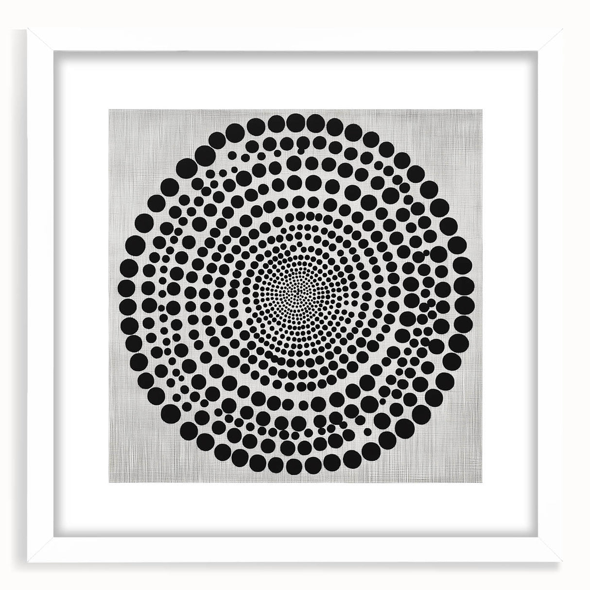 Abstract Art Prints – Hypnotic Black Dot Spiral on Textured Gray