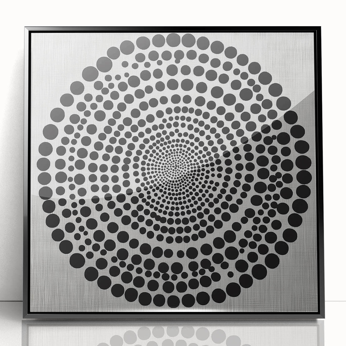 Abstract Art Prints – Hypnotic Black Dot Spiral on Textured Gray