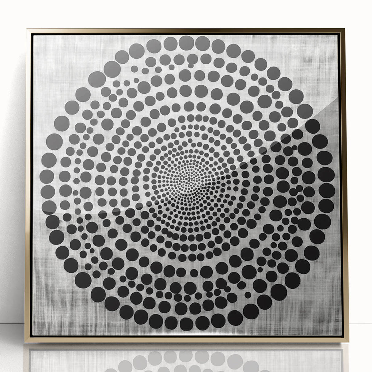 Abstract Art Prints – Hypnotic Black Dot Spiral on Textured Gray