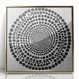 Abstract Art Prints – Hypnotic Black Dot Spiral on Textured Gray