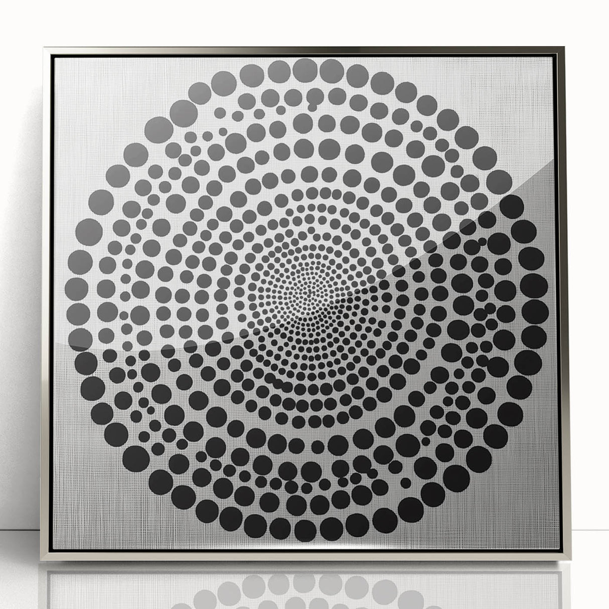 Abstract Art Prints – Hypnotic Black Dot Spiral on Textured Gray