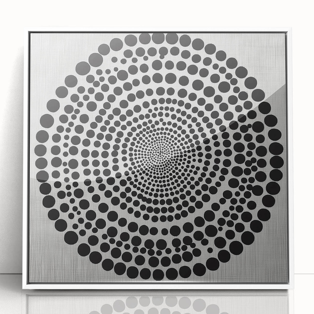Abstract Art Prints – Hypnotic Black Dot Spiral on Textured Gray