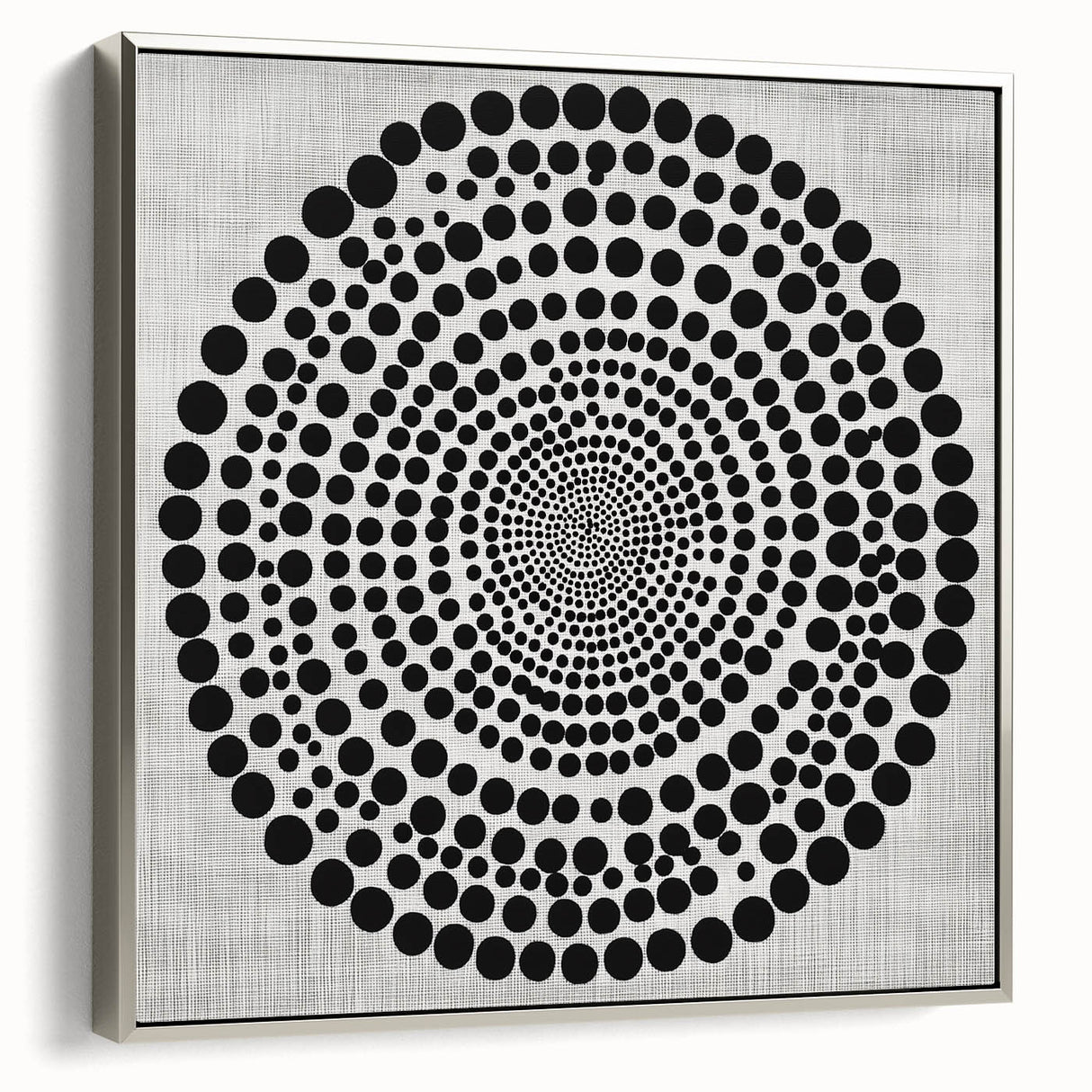 Abstract Art Prints – Hypnotic Black Dot Spiral on Textured Gray