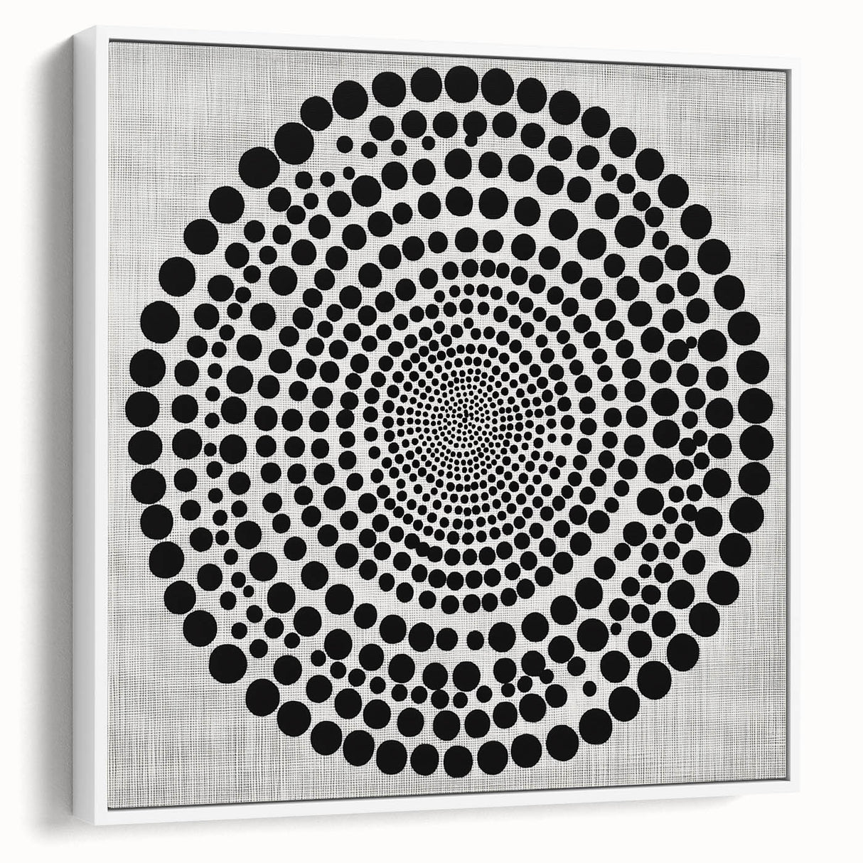 Abstract Art Prints – Hypnotic Black Dot Spiral on Textured Gray