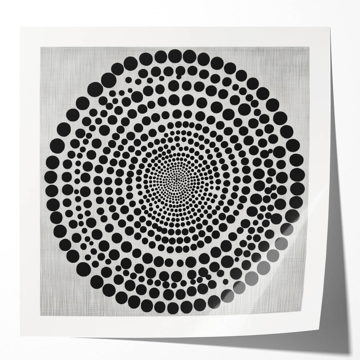 Abstract Art Prints – Hypnotic Black Dot Spiral on Textured Gray