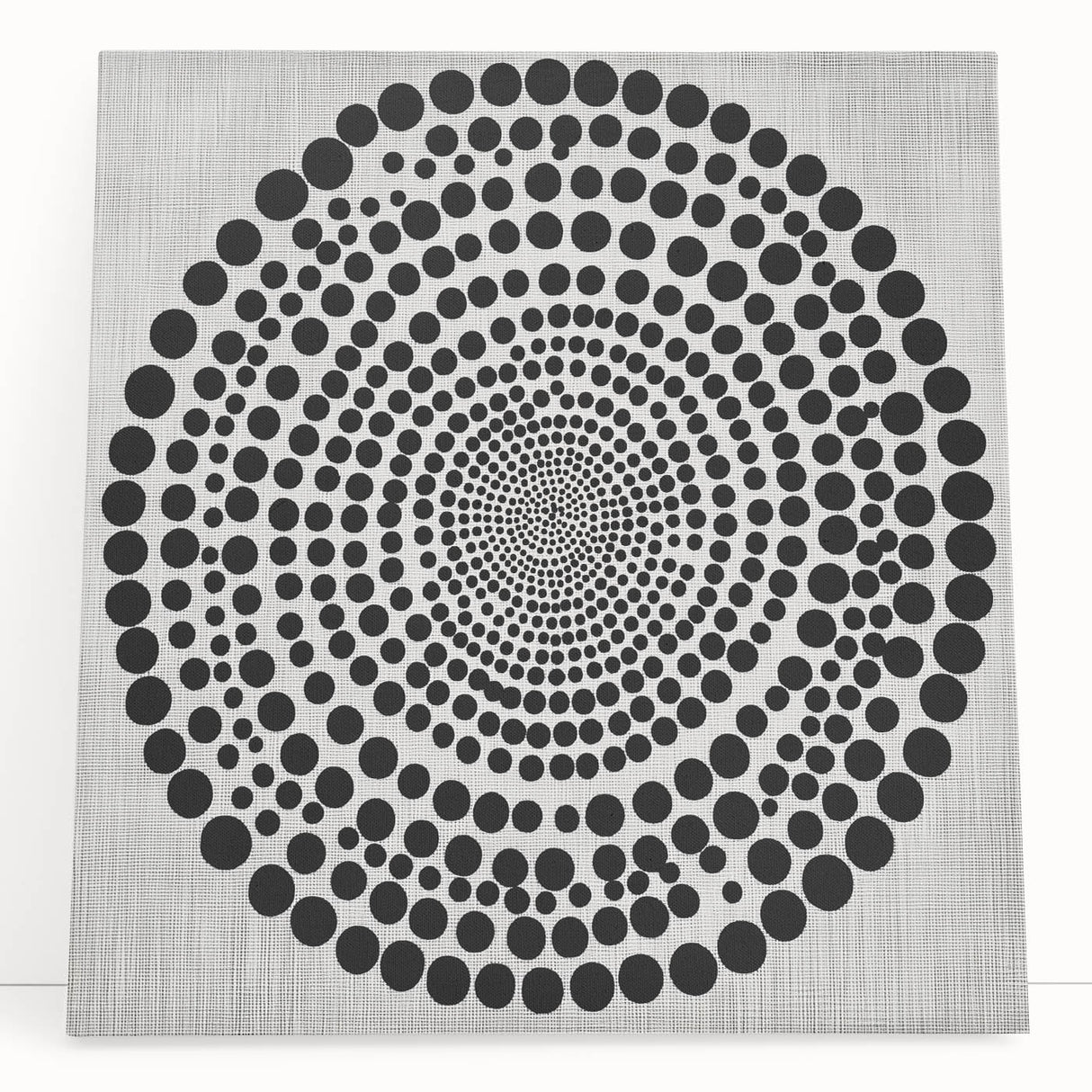 Abstract Art Prints – Hypnotic Black Dot Spiral on Textured Gray