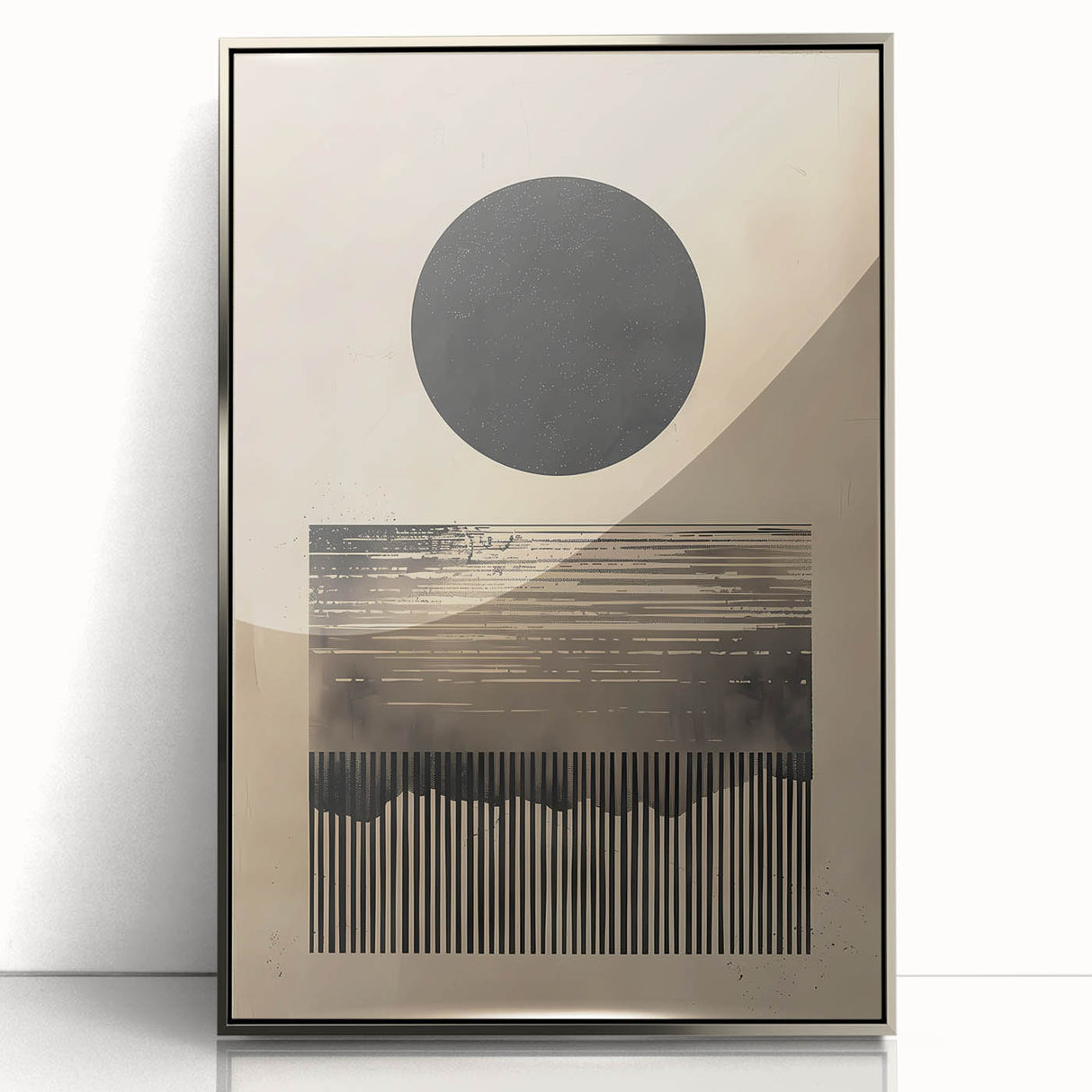 Framed abstract minimalist wall art in silver acrylic, showcasing elegant geometric designs. Ideal for modern home decor, adding a sophisticated touch to any space.