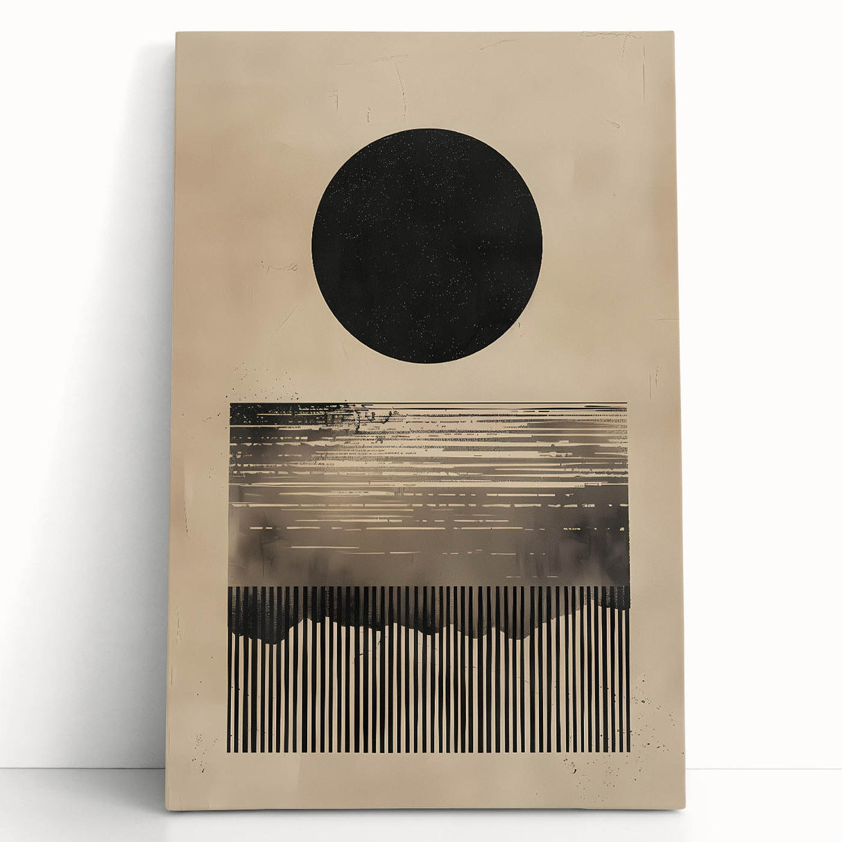 Abstract minimalist wall art on stretched canvas, showcasing soft earth tones and geometric shapes, elegantly leaning against a neutral wall for a modern aesthetic.