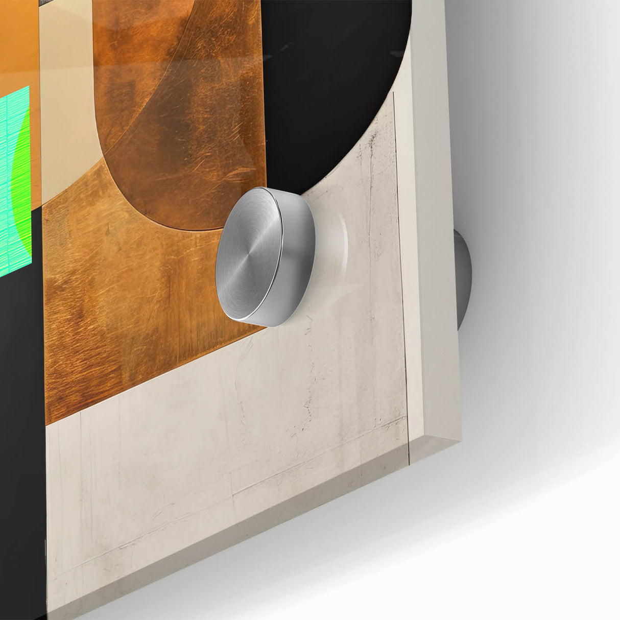 Close-up of abstract minimalist wall art design featuring vibrant blue and green hues, crafted on acrylic glass, showcasing smooth textures and modern aesthetics.