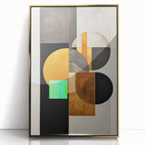 Framed acrylic wall art showcasing an abstract minimalist design with gold accents, set against a neutral background, perfect for modern decor.