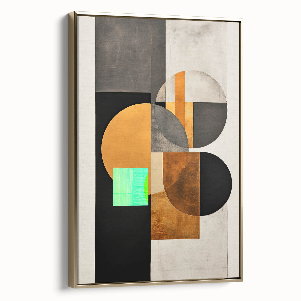 Framed abstract minimalist wall art featuring elegant gold accents on a canvas, showcasing a sleek side view that highlights its modern design, perfect for contemporary decor.