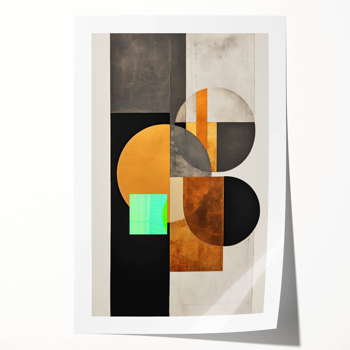 Abstract minimalist wall art print showcasing soft pastel colors and geometric shapes, rolled and packaged in a protective cardboard tube for easy shipping.