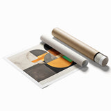 Abstract minimalist wall art print featuring soft pastel colors and geometric shapes, rolled up in a protective cardboard tube for easy handling and display.