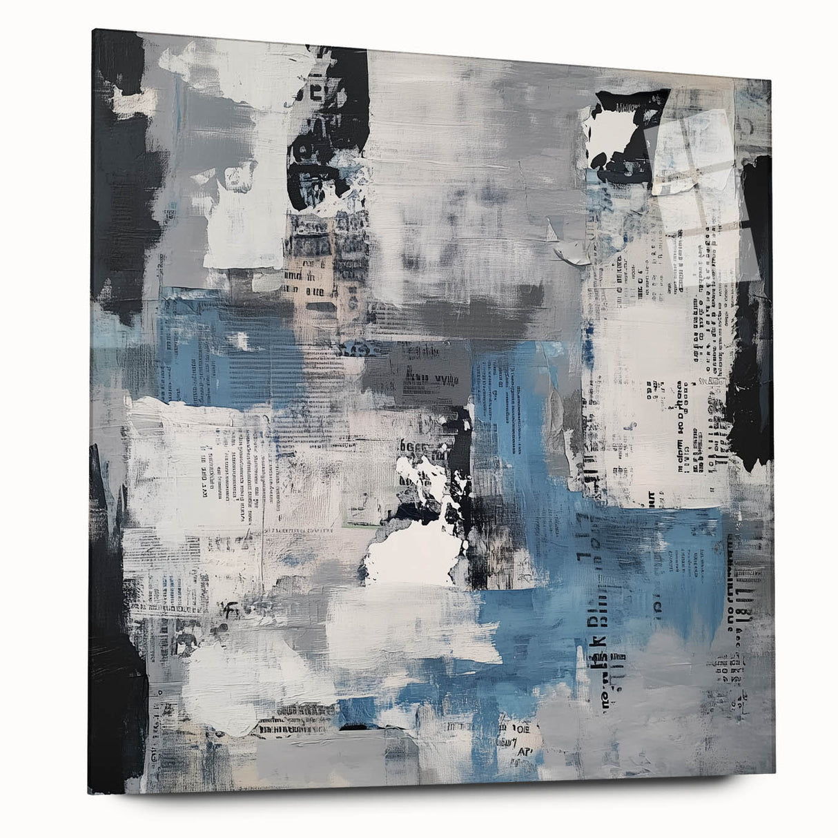 Contemporary Abstract Canvas – Blue, Gray & Textured Collage Art