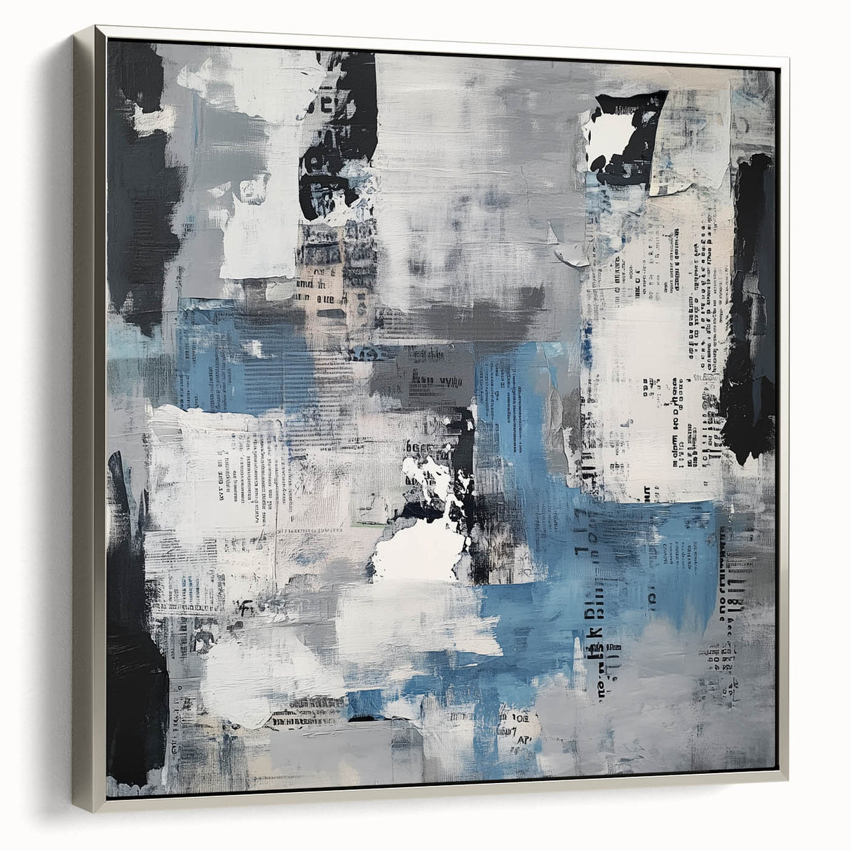 Contemporary Abstract Canvas – Blue, Gray & Textured Collage Art