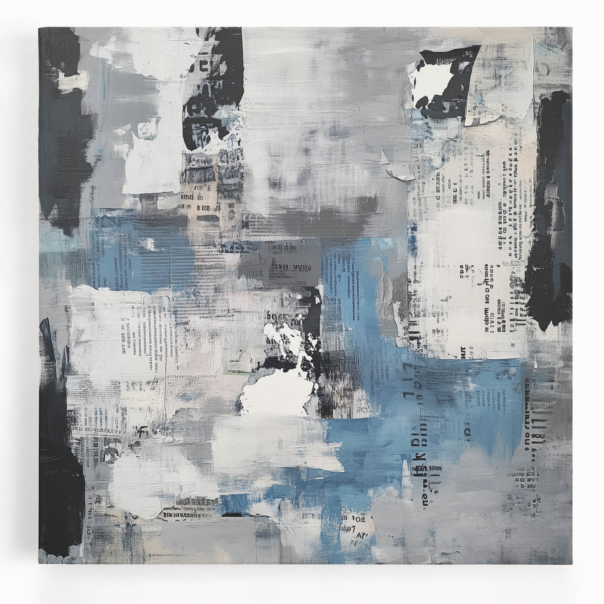 Contemporary Abstract Canvas – Blue, Gray & Textured Collage Art