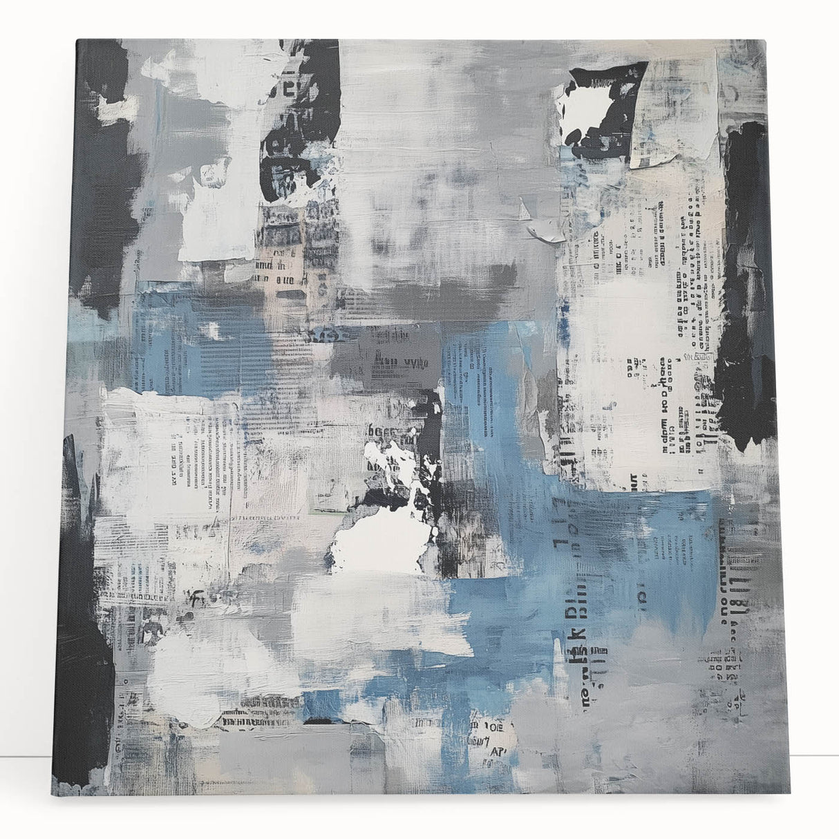 Contemporary Abstract Canvas – Blue, Gray & Textured Collage Art