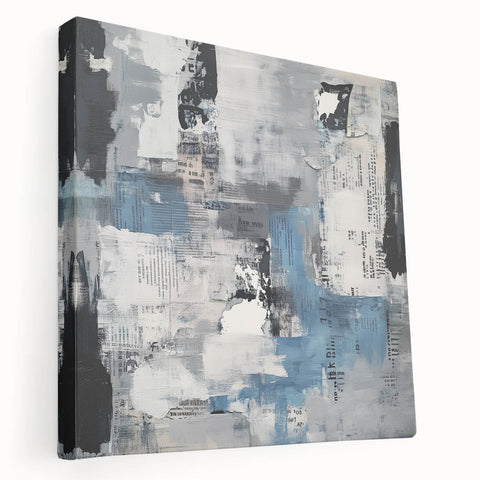 Contemporary Abstract Canvas – Blue, Gray & Textured Collage Art