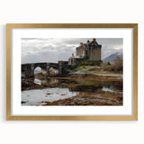 Elegant gold-framed landscape artwork depicting a serene castle scene, enhanced with a white mat, perfect for home decor or gallery display. The intricate details and vibrant colors create a captivating focal point for any room.