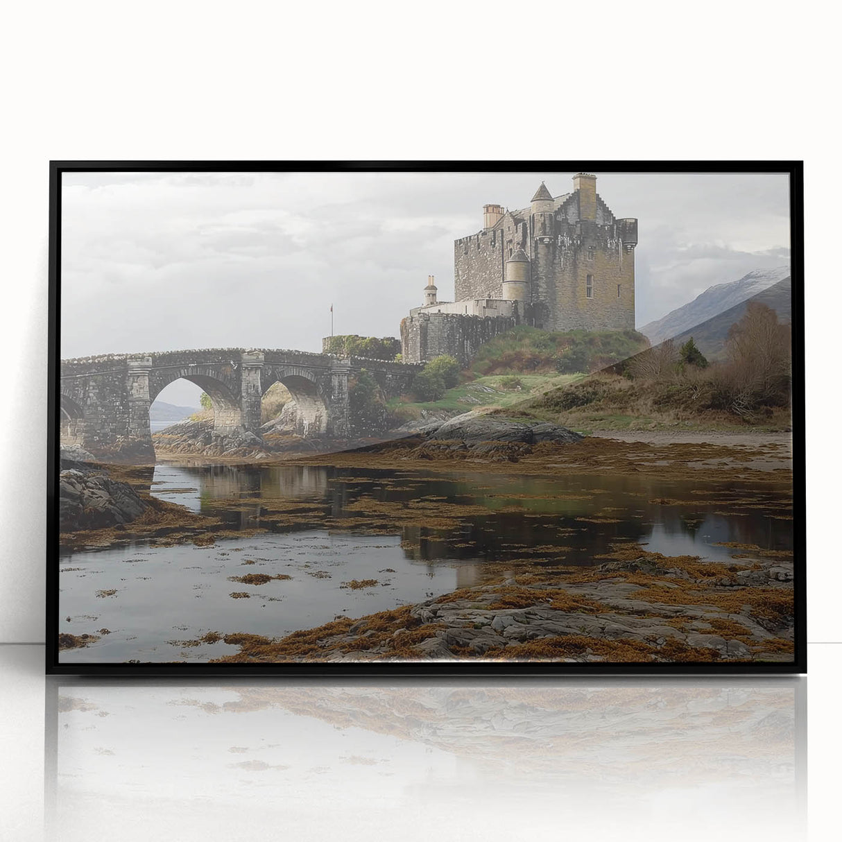Framed acrylic artwork showcasing a stunning landscape with castles, featuring a sleek black frame. Ideal for home decor, enhancing any room's aesthetic.