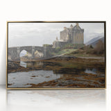 Framed acrylic artwork depicting a picturesque landscape with a majestic castle, set against a vibrant sunset background, featuring rich gold accents for an elegant finish. Perfect for home decor enthusiasts seeking a touch of luxury and charm.