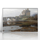 Framed acrylic artwork of a picturesque landscape featuring a serene castle surrounded by lush greenery, presented in a sleek white frame, perfect for home decor.