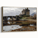 Framed canvas artwork showcasing a stunning landscape with a majestic castle, elegantly bordered in gold, perfect for enhancing home decor and adding a touch of sophistication.
