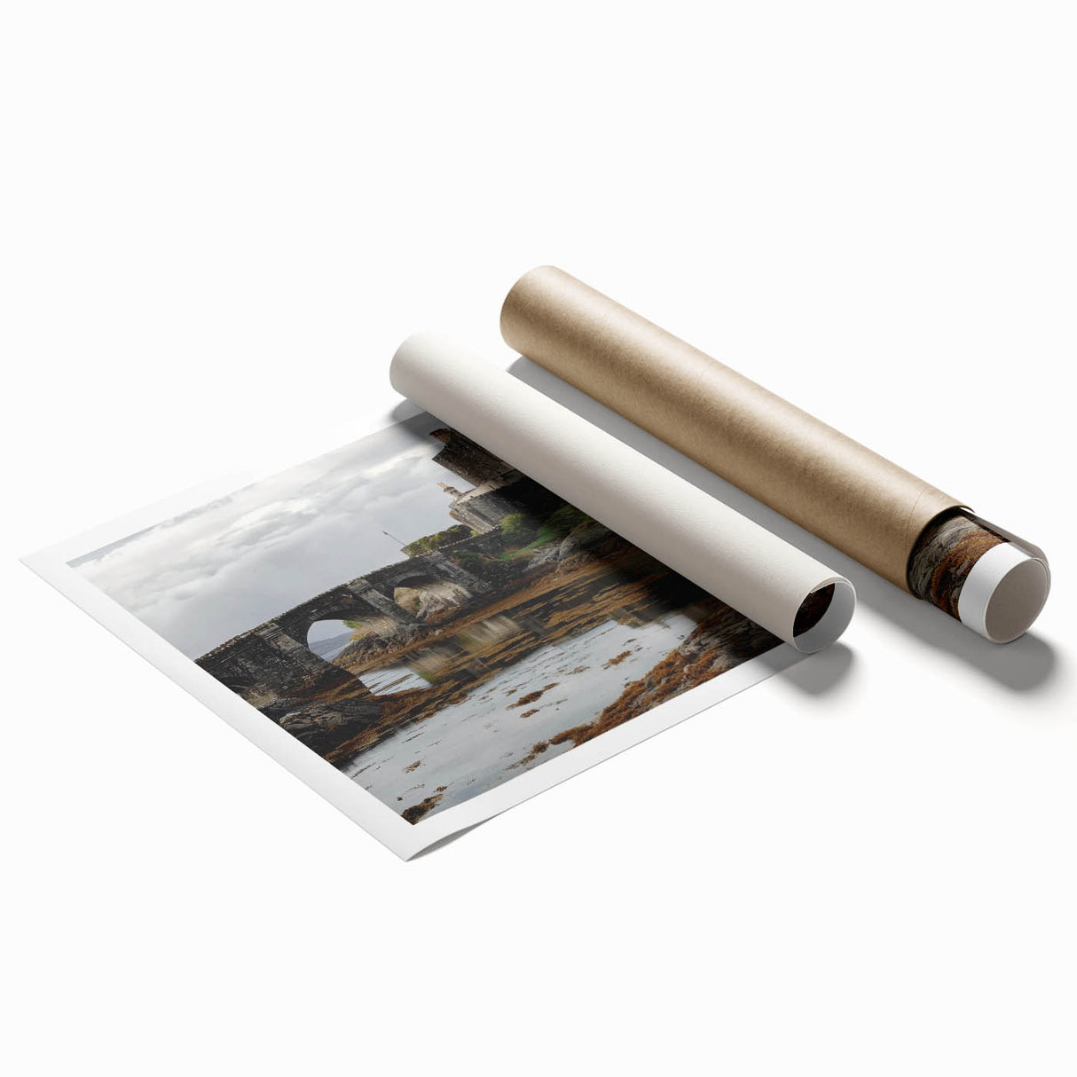 Vibrant rolled print showcasing a picturesque landscape with a majestic castle amidst lush greenery, ideal for home decor and art enthusiasts.