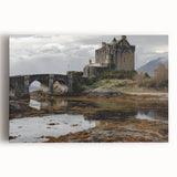 Stretched canvas artwork showcasing a picturesque landscape with an enchanting castle surrounded by lush greenery and a serene blue sky, perfect for home decor enthusiasts.