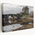Stretched canvas artwork showcasing a majestic castle landscape in soft, muted colors, featuring rolling hills and a serene sky, perfect for home decor.