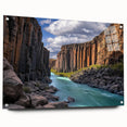 Acrylic landscape wall art depicting rugged cliffs and serene seascape in vibrant colors, mounted with pins for a modern display. Ideal for enhancing home decor.