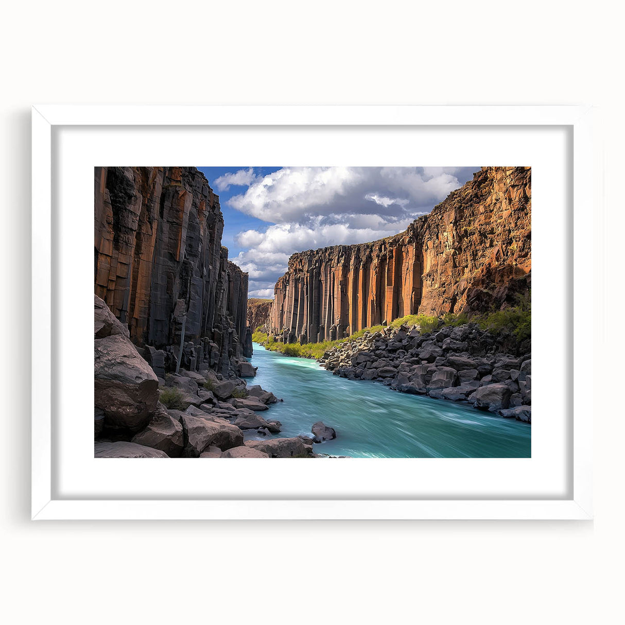 Framed landscape artwork showcasing dramatic cliffs with a white mat, ideal for home decor. Perfect for adding a touch of nature to living spaces.
