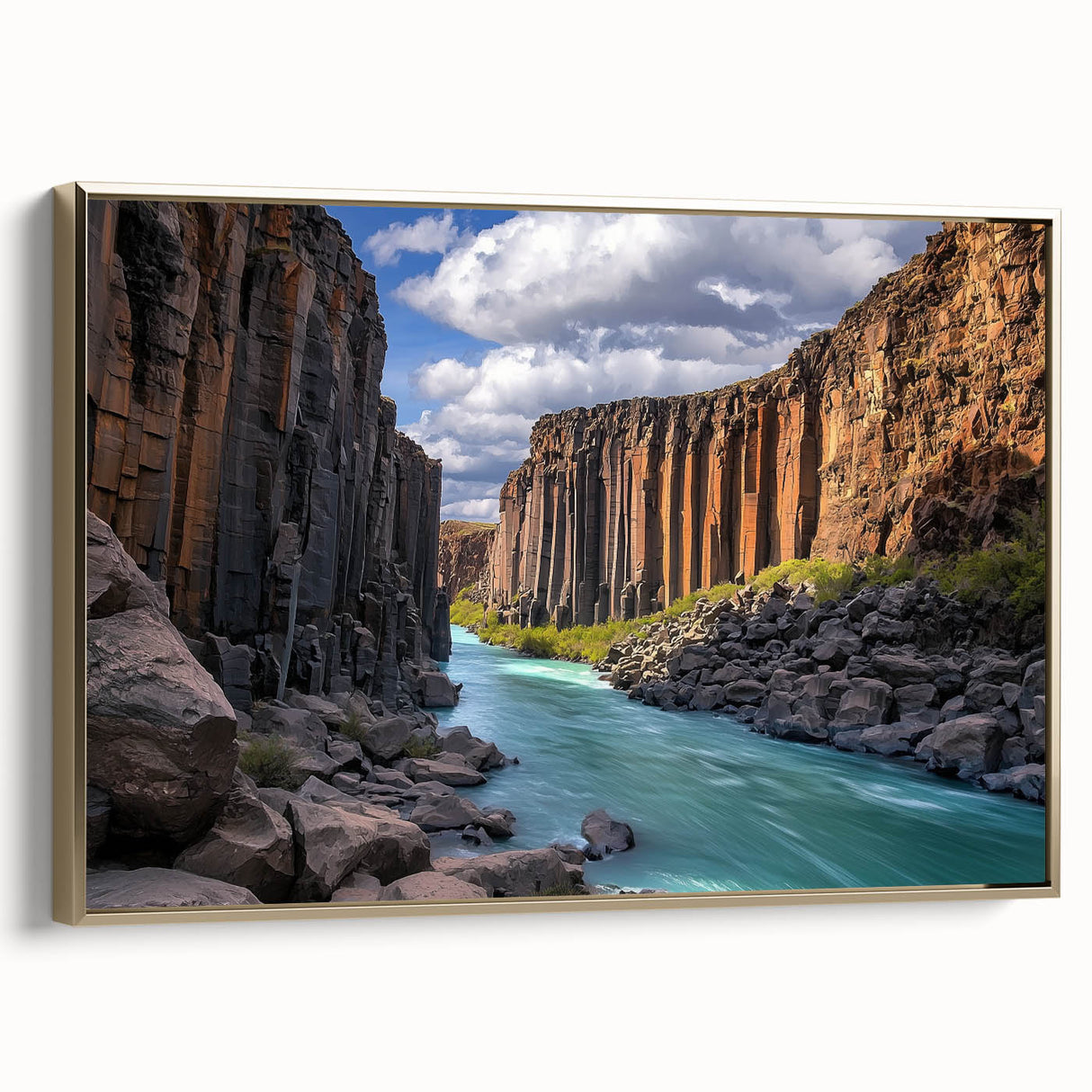 Framed canvas artwork depicting a stunning landscape of cliffs with golden accents, showcasing vibrant colors and intricate details, perfect for home decor.
