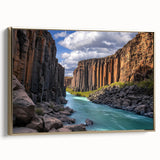 Framed canvas artwork depicting a stunning landscape of cliffs with golden accents, showcasing vibrant colors and intricate details, perfect for home decor.