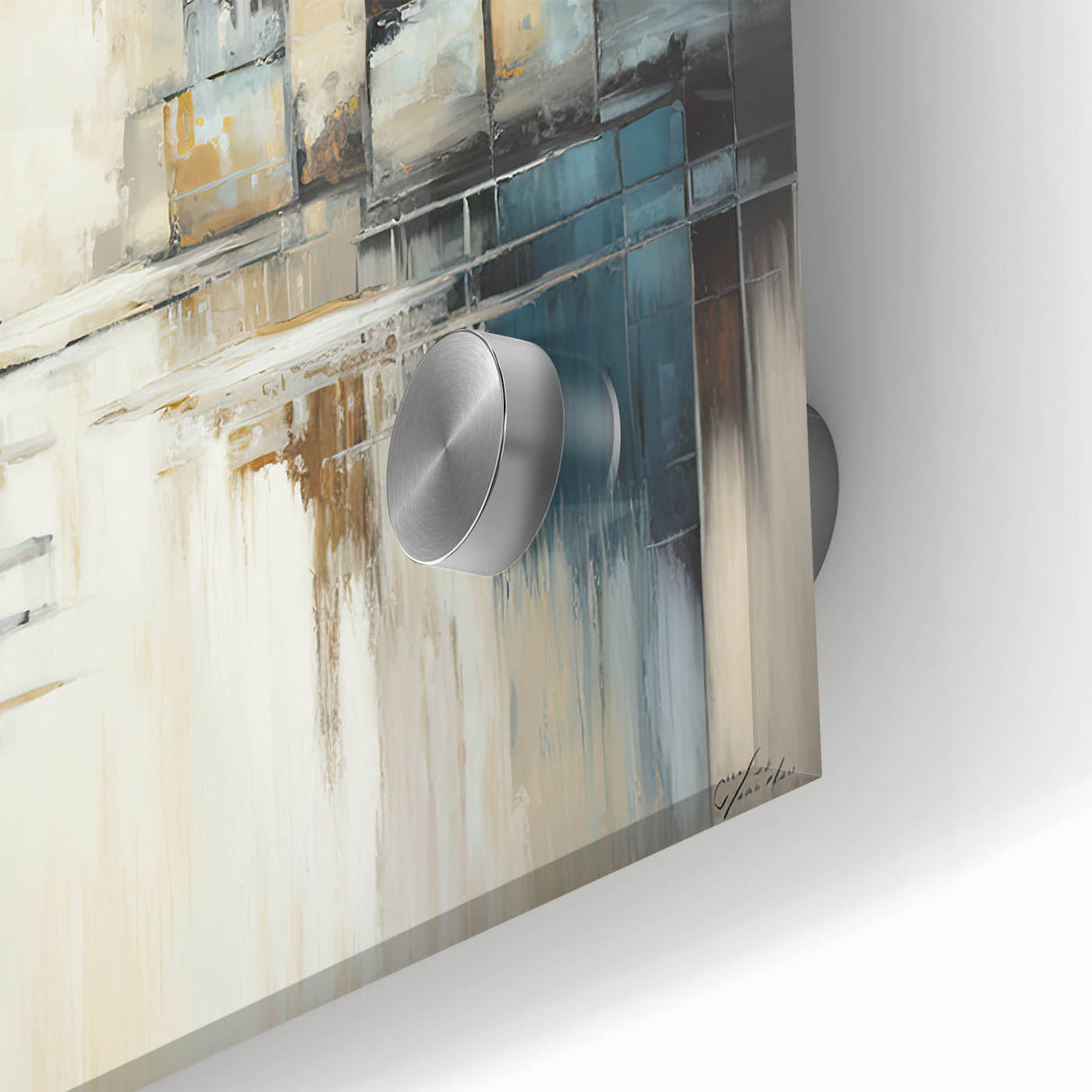 Abstract architectural wall art design printed on acrylic glass, showcasing vibrant colors and intricate geometric patterns, ideal for modern home decor.