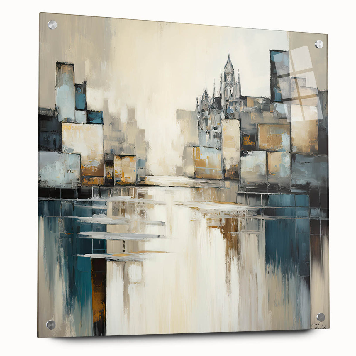 Abstract architectural wall art displayed in a modern setting, featuring vibrant colors and intricate geometric patterns, mounted on acrylic glass with stylish pins.