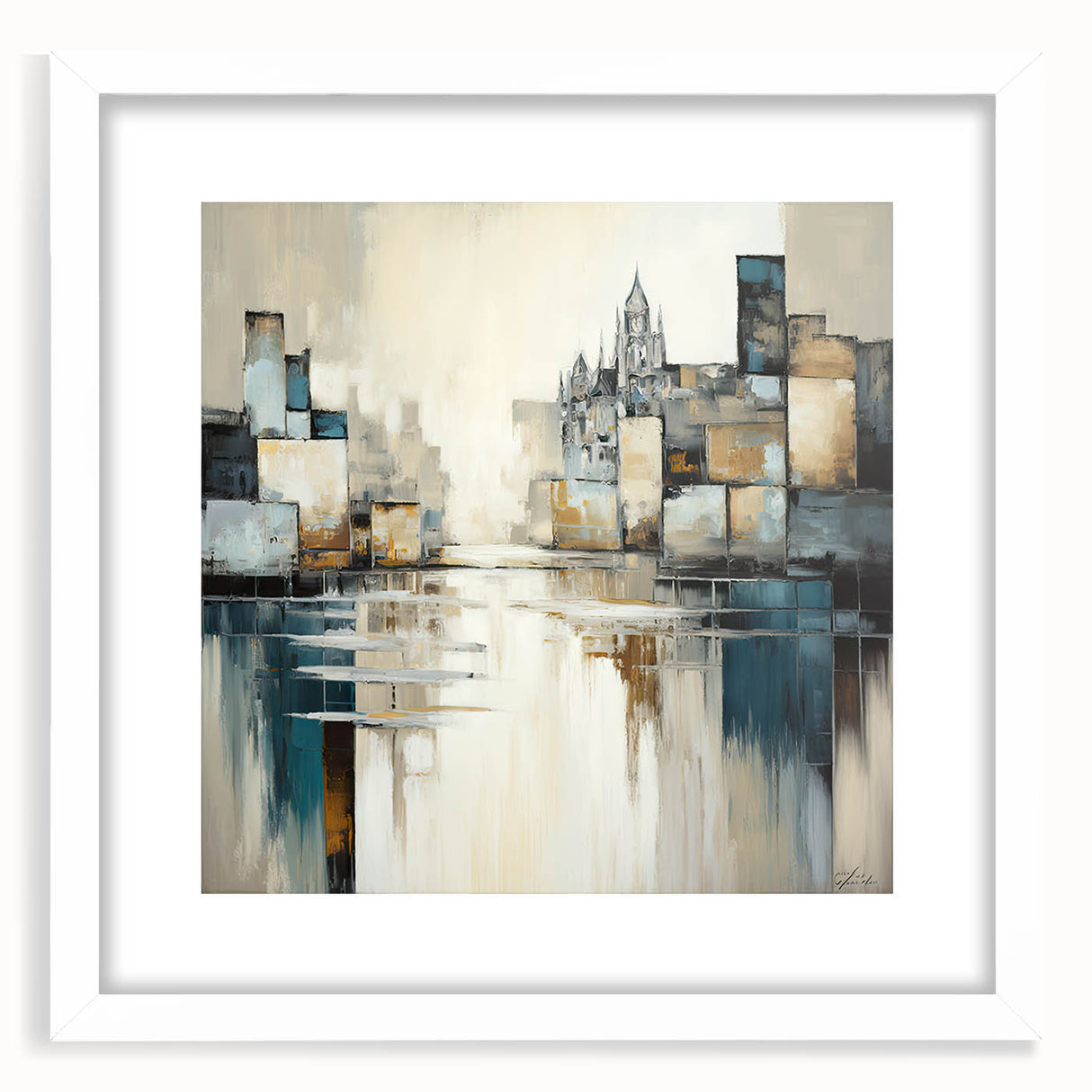 Abstract architecture wall art featuring geometric shapes and a minimalist design, framed with a white mat for a modern aesthetic, ideal for contemporary home decor.
