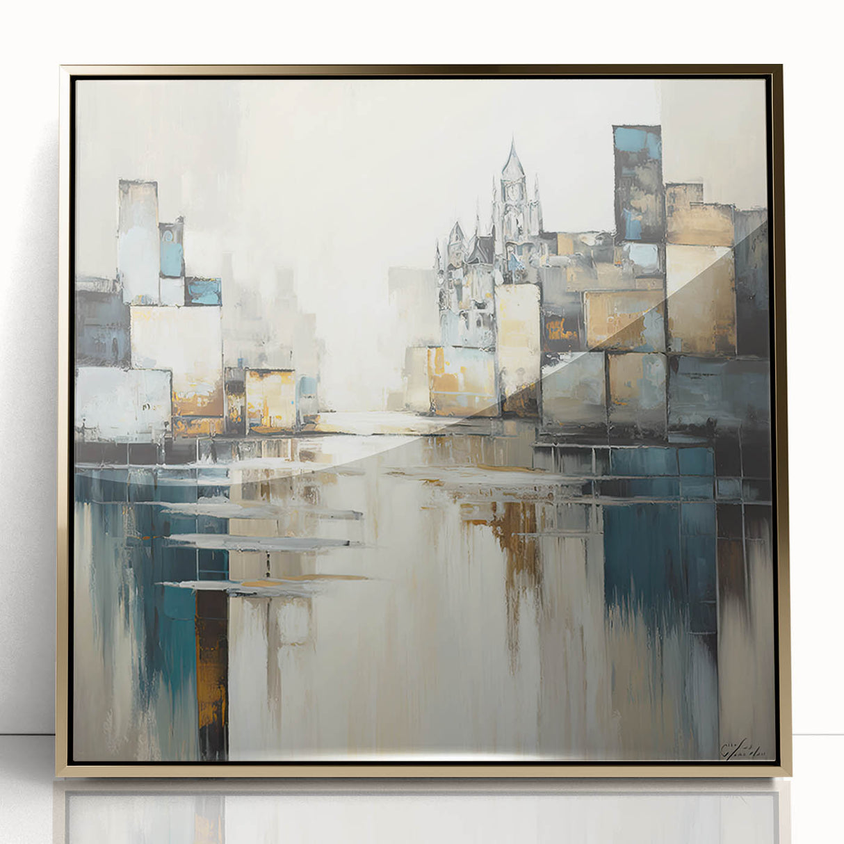 Framed abstract architecture wall art in gold acrylic, showcasing geometric shapes and elegant lines, perfect for modern home decor. Ideal for enhancing contemporary interiors.
