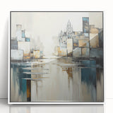 Framed abstract architecture wall art in white acrylic, showcasing geometric shapes and modern design elements, ideal for contemporary home decor.