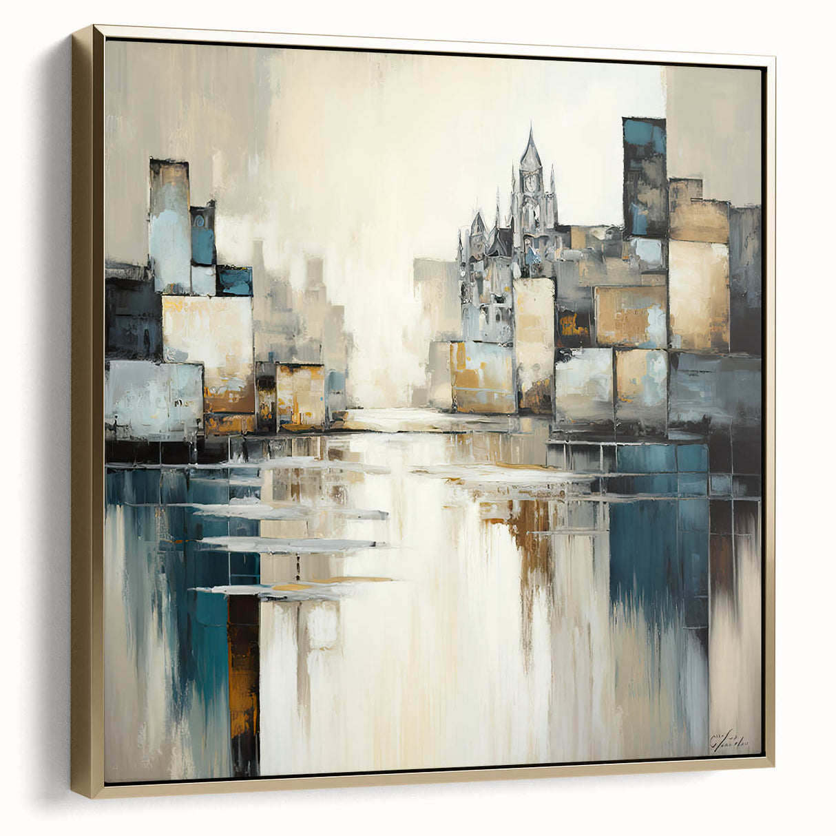 Abstract architecture wall art featuring a dynamic silver and gold color scheme, elegantly framed and perfect for modern home decor, showcasing geometric shapes and lines.
