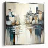 Framed abstract architecture wall art in silver finish, showcasing geometric shapes and modern design elements, perfect for contemporary home decor.