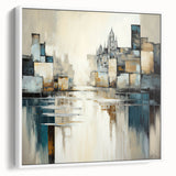 Framed abstract architecture wall art showcasing a minimalistic design with white tones, perfect for modern home decor. Side view highlights the canvas texture and frame details.