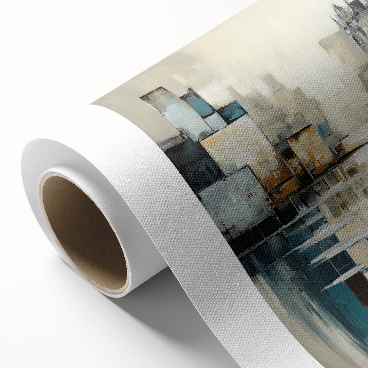 Abstract architecture wall art on rolled canvas, showcasing geometric shapes in vibrant blue and orange hues, ideal for modern home decor or office spaces.