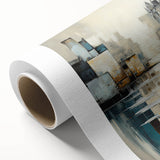 Abstract architecture wall art on rolled canvas, showcasing geometric shapes in vibrant blue and orange hues, ideal for modern home decor or office spaces.