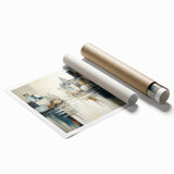 Abstract architecture wall art print showcasing geometric shapes in vibrant colors, elegantly rolled and packaged in a protective tube, perfect for modern decor.