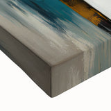 Abstract architectural wall art on stretched canvas showcases intricate geometric patterns in vibrant blues and yellows, perfect for modern home decor.